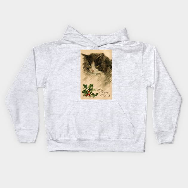 Beautiful cat with Holly wishing a happy Christmas Kids Hoodie by RedThorThreads